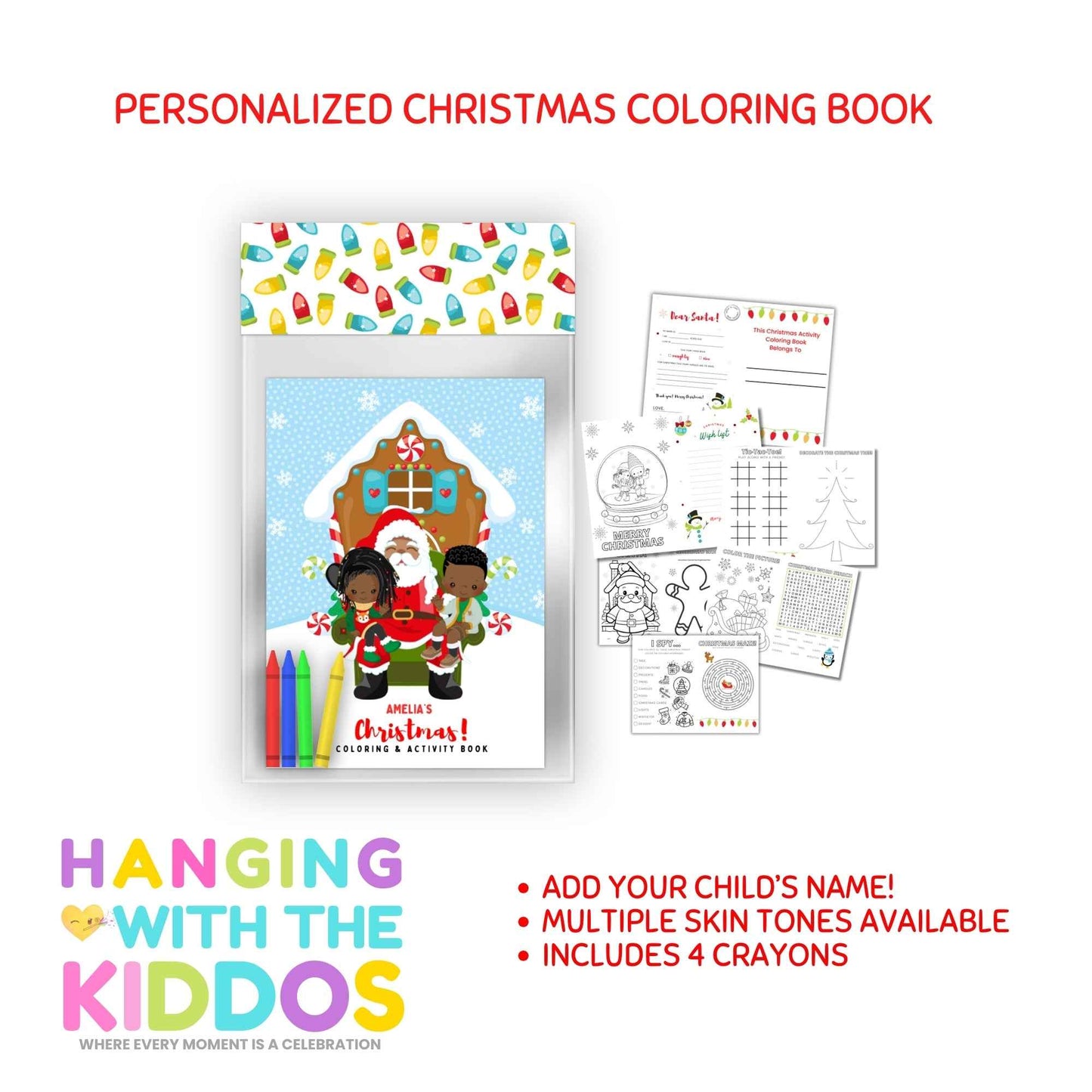 Personalized Christmas Coloring Book with Activities & Crayons Hanging with the Kiddos