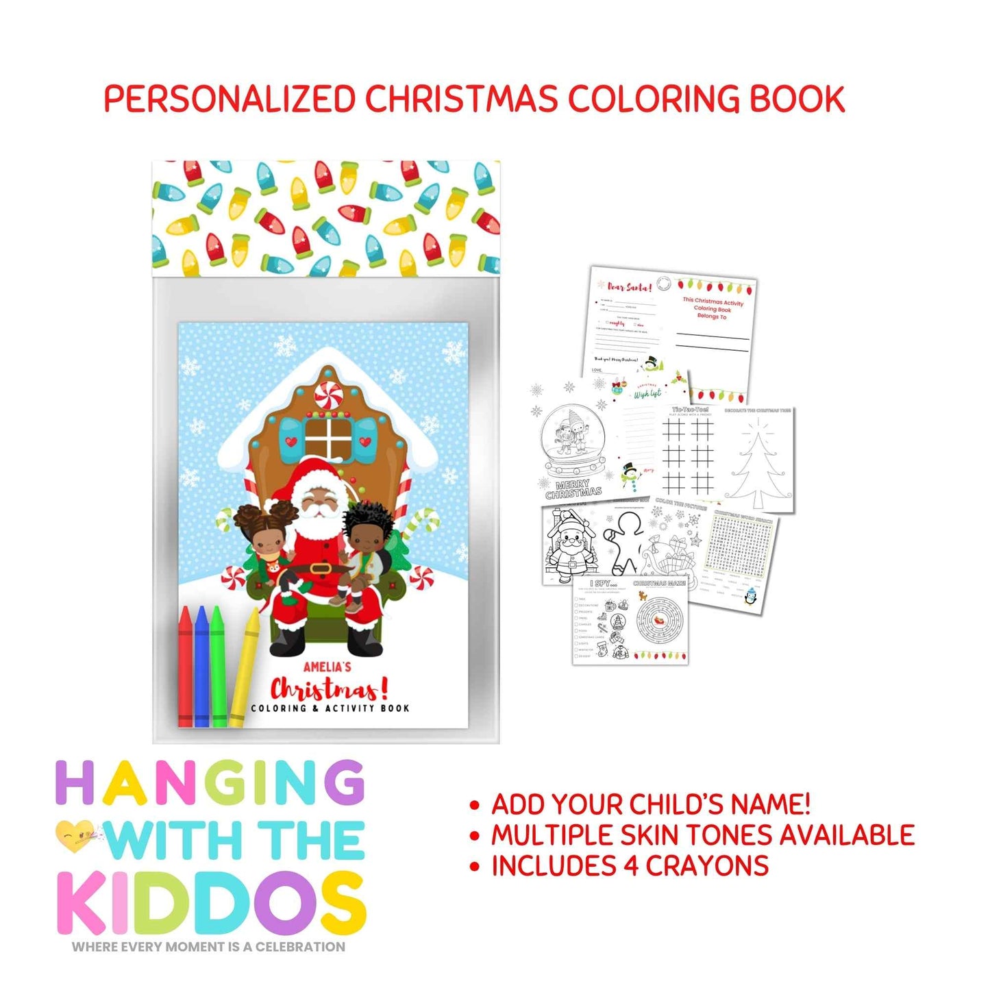 Personalized Christmas Coloring Book with Activities & Crayons Hanging with the Kiddos
