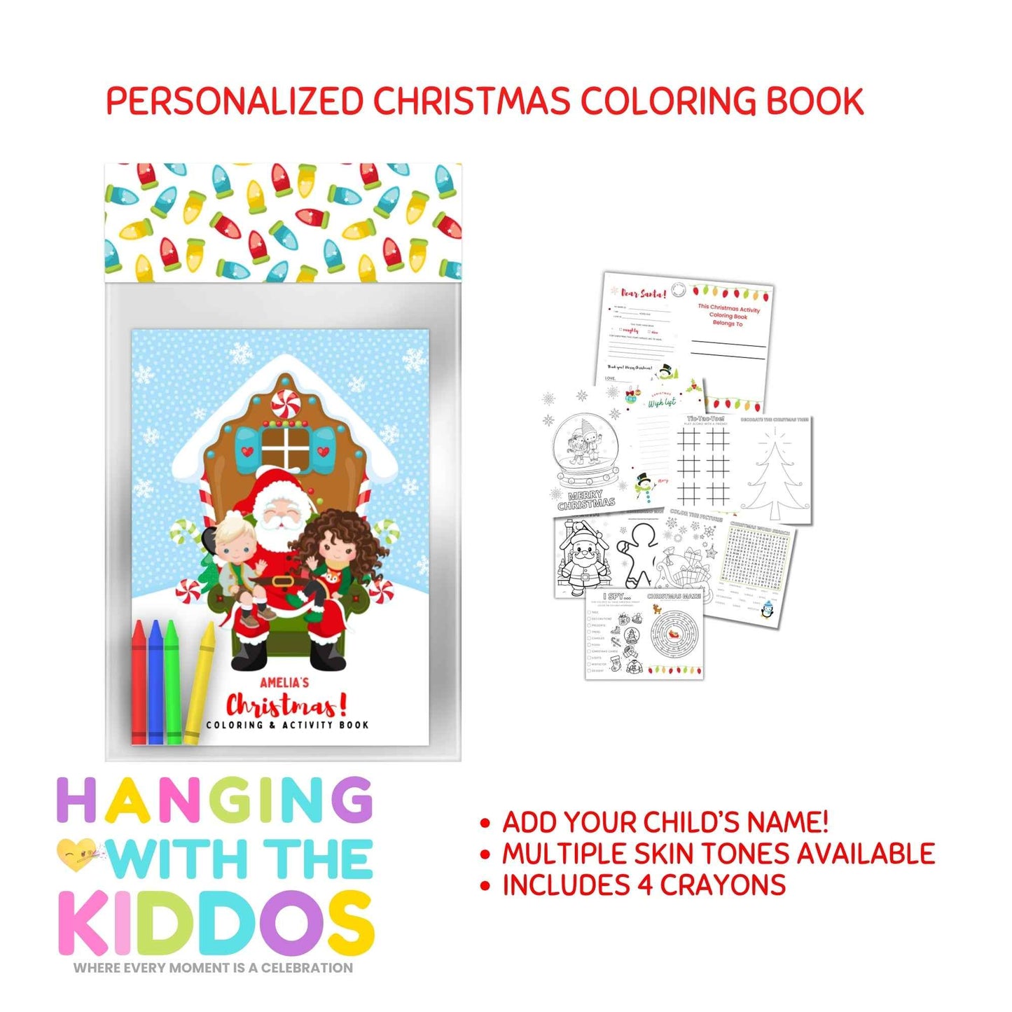 Personalized Christmas Coloring & Activity Book & Crayons Hanging with the Kiddos