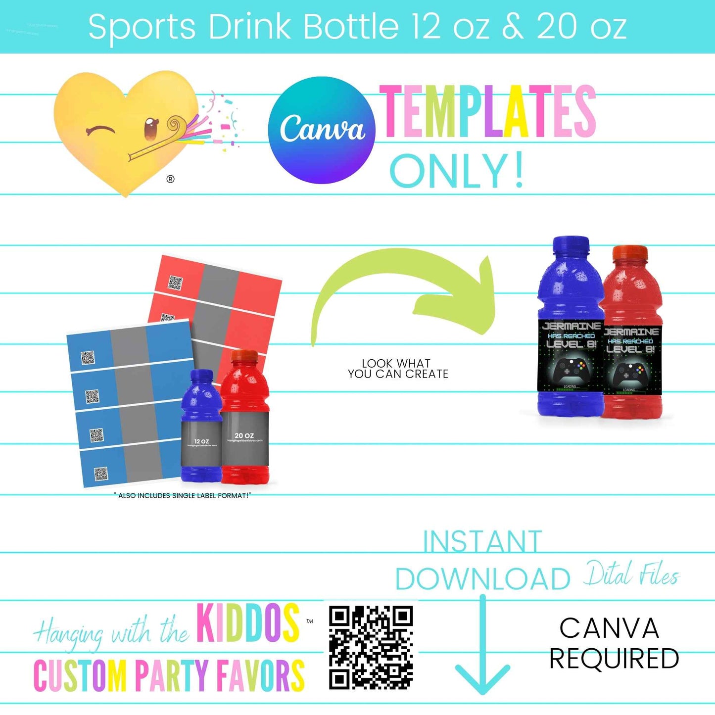 Customizable sports drink bottle labels template for 12 oz and 20 oz bottles, designed in Canva® for events and parties.