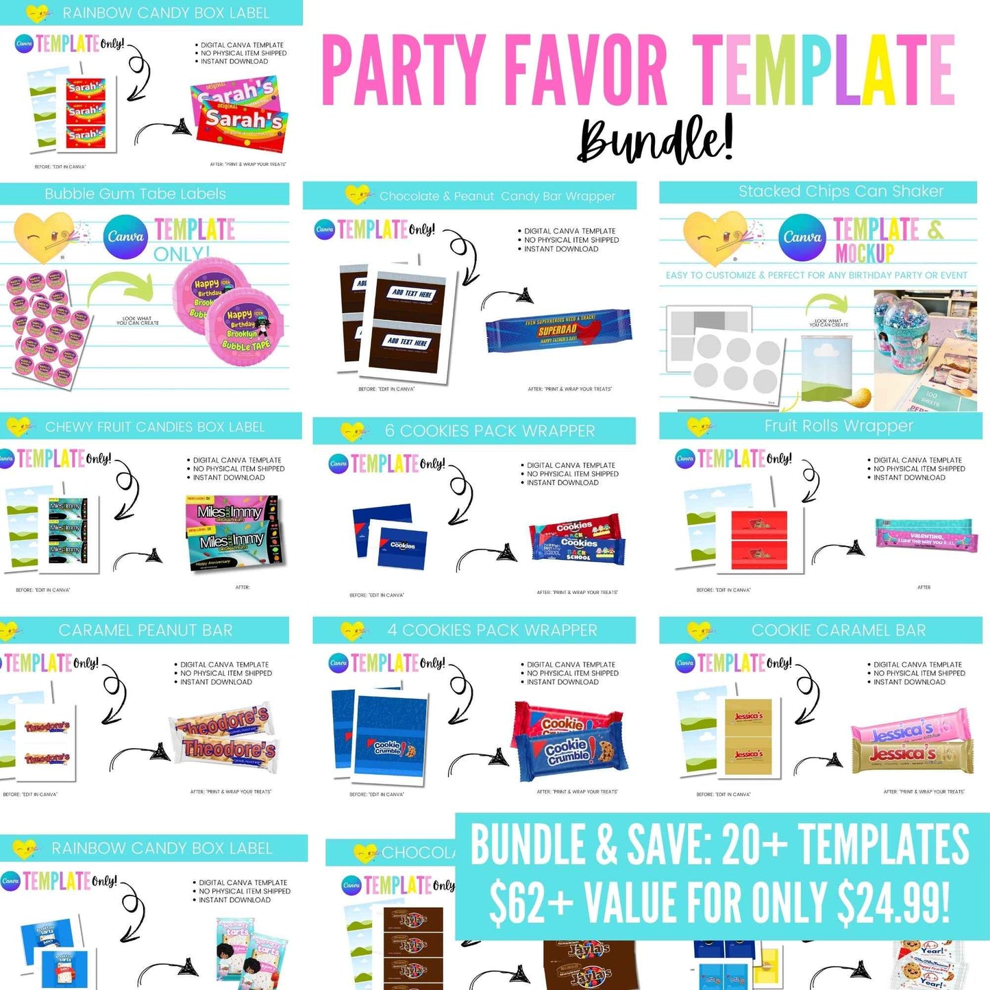 Customizable Canva Party Favor Templates Bundle (20+ Designs)