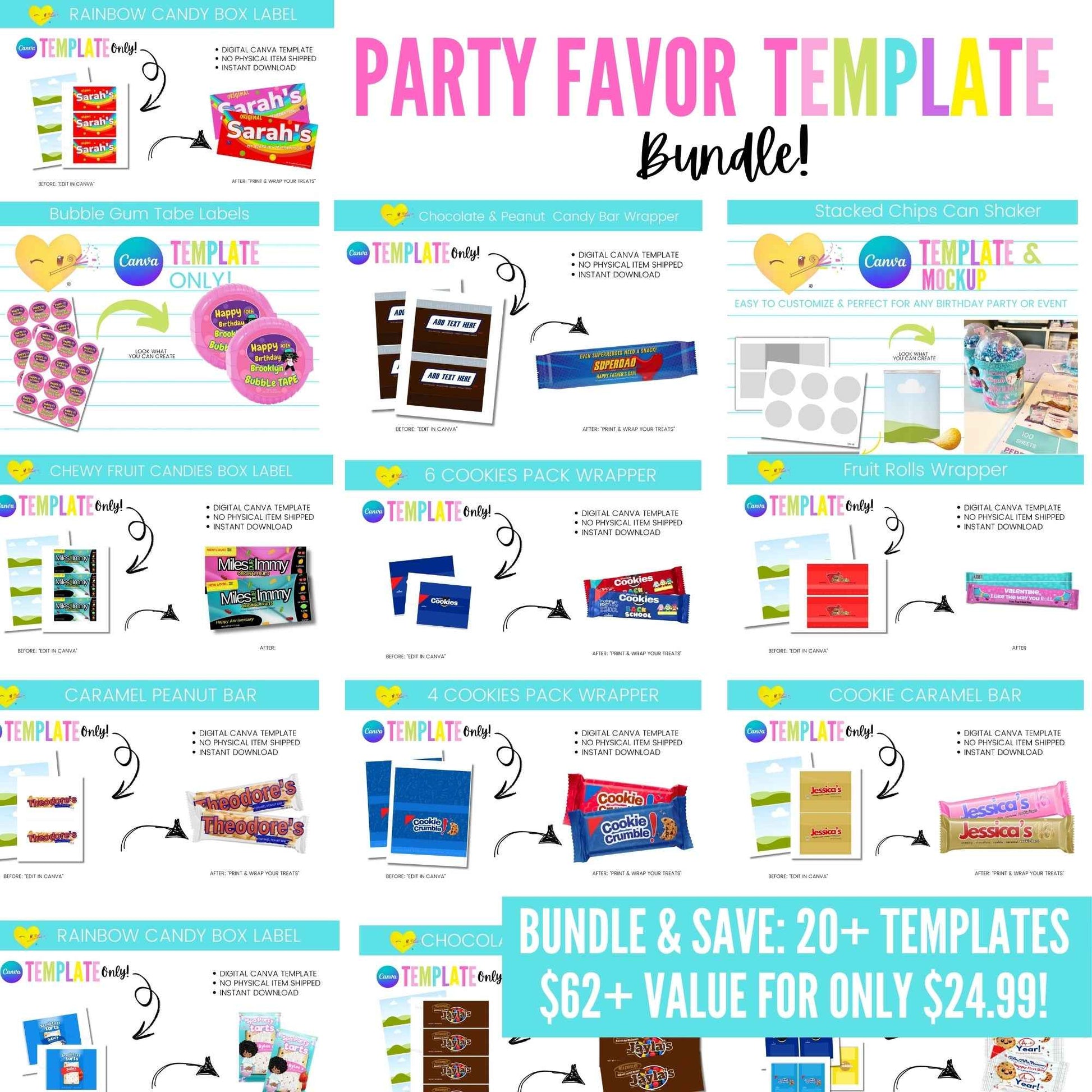Customizable Canva Party Favor Templates Bundle (20+ Designs)