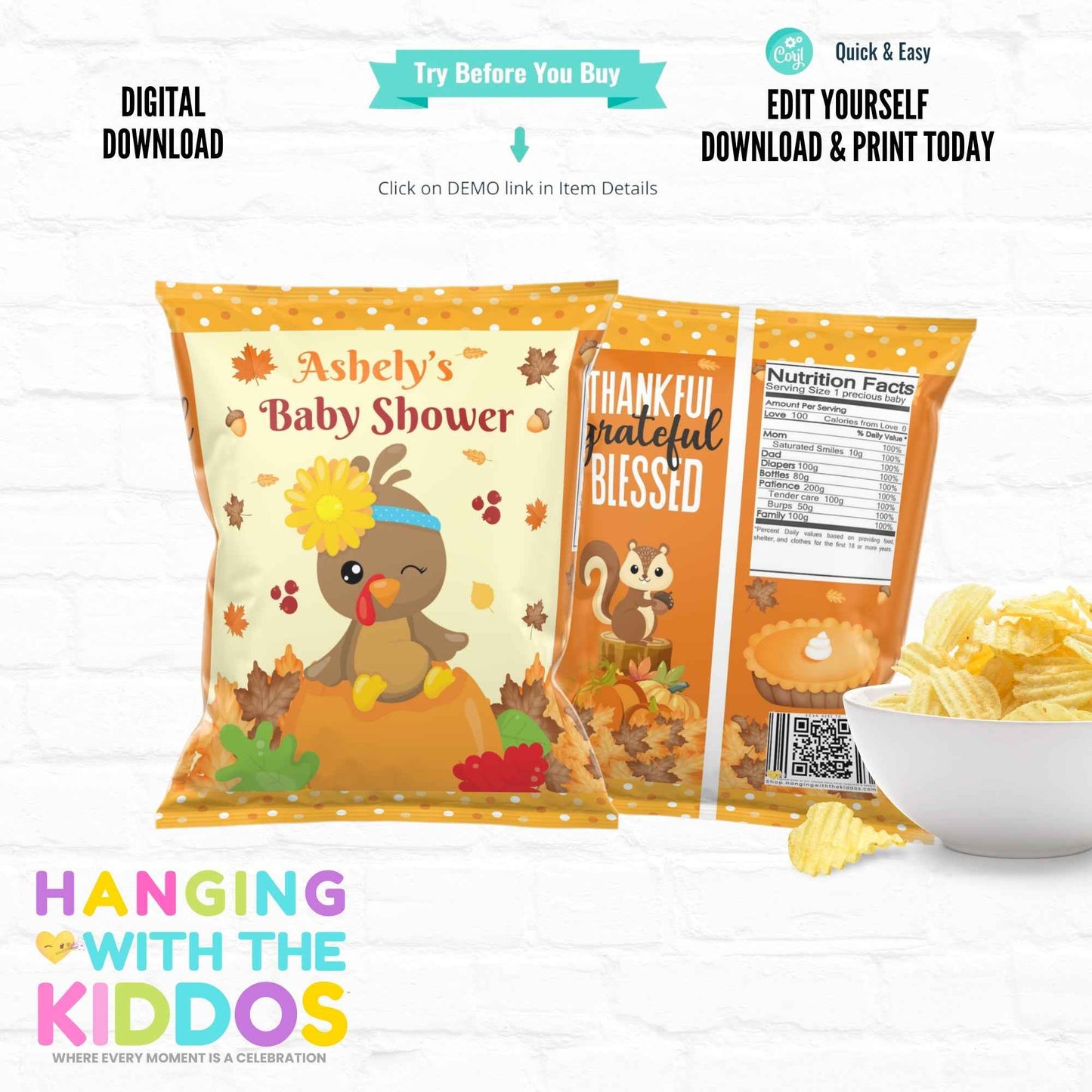 Thanksgiving Baby Shower Chip Bag Template - Editable Party Favor Hanging with the Kiddos