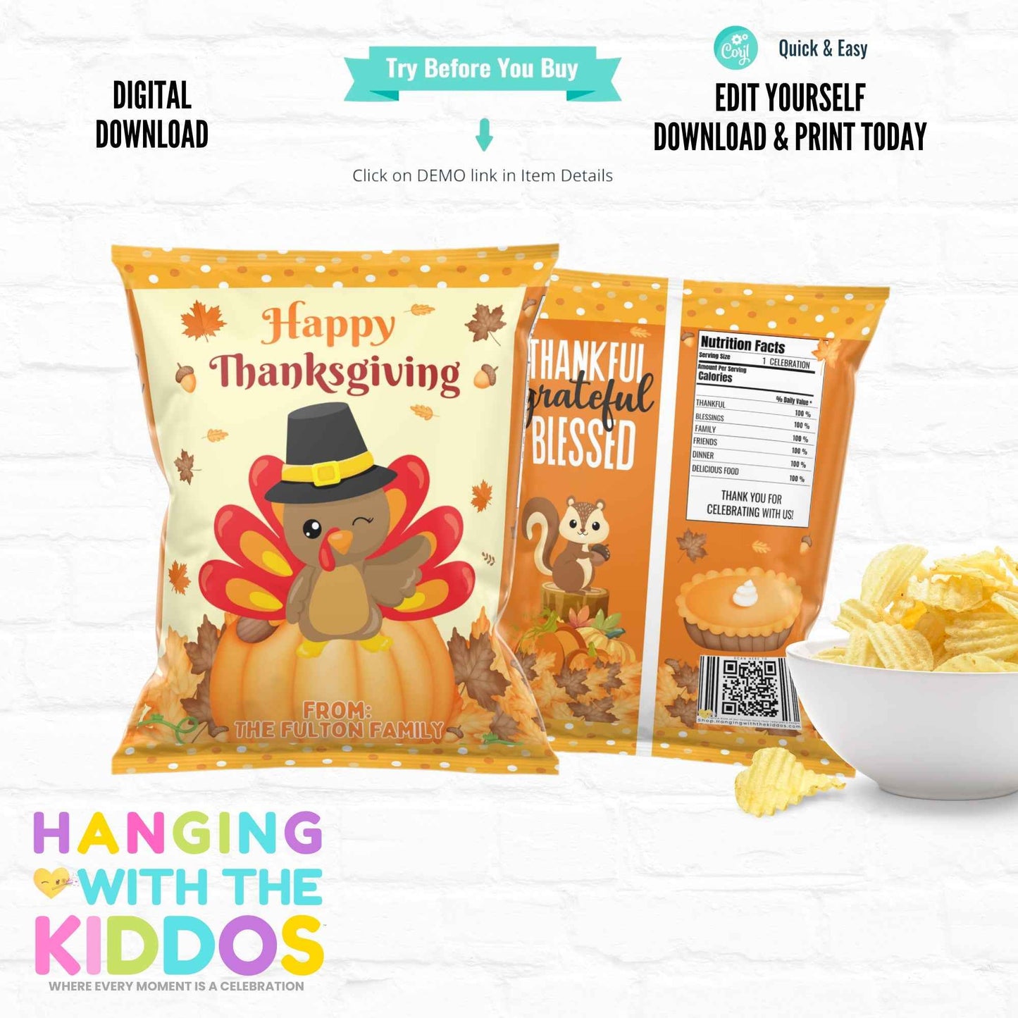 Thanksgiving Chip Bag Template - Editable & Printable Party Favor Hanging with the Kiddos
