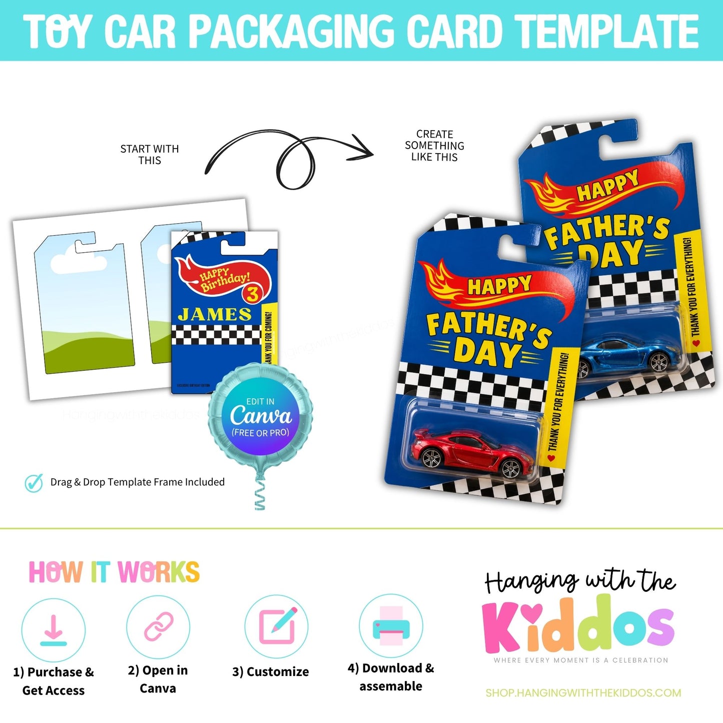 Toy Car Packaging Card Template for Canva | Editable Race Car Gift Card Printable