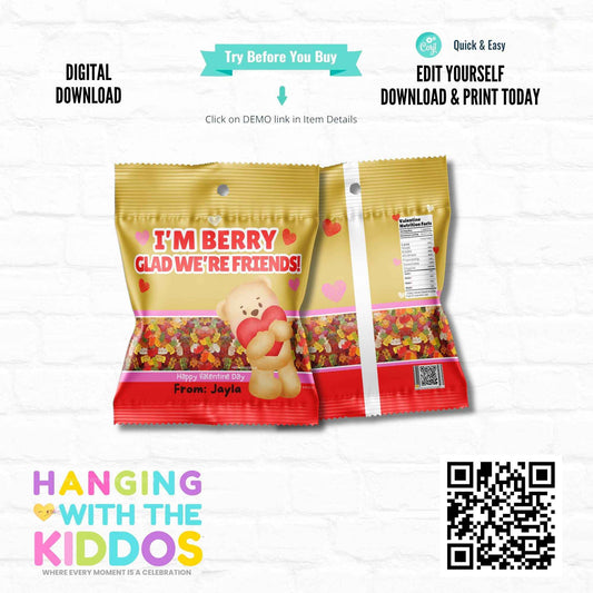 Valentine Gummy Bears Wrapper Template - DIY Printable Party Favor Label Hanging with the Kiddos