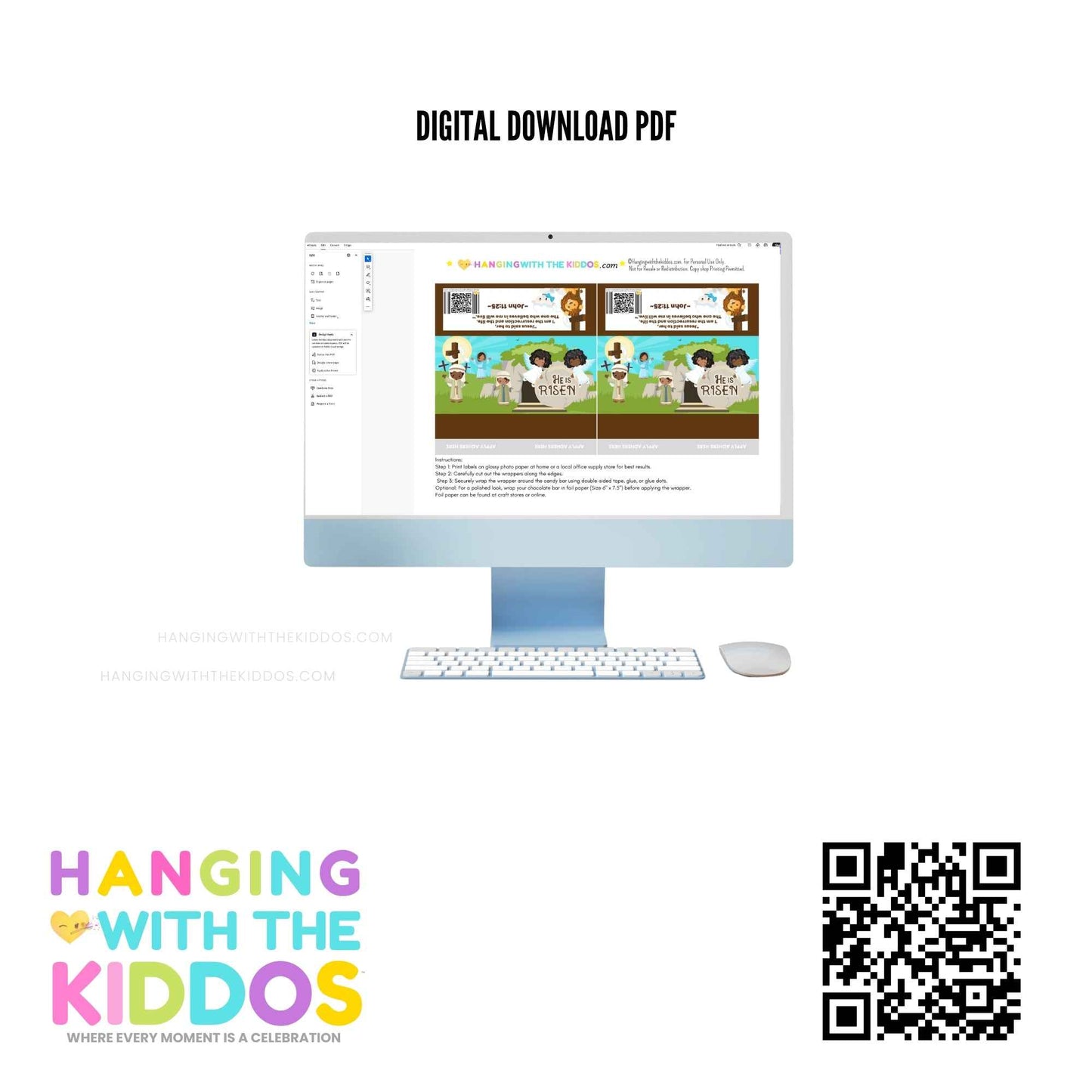 Digital download PDF of He Is Risen Easter candy bar wrappers shown on a computer screen. Printable DIY religious party favor for Easter celebrations.