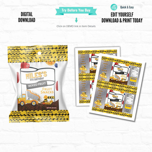 Construction Party Snacks - Customizable Labels | Instant Download featuring editable fruit snack wrappers with caution tape design and dump truck graphic.