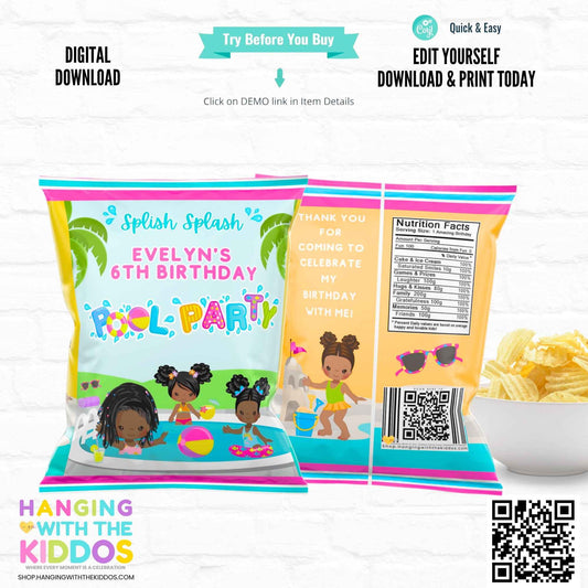 Editable Pool Party Chip Bag with Afro-Textured Girls in Swimsuits