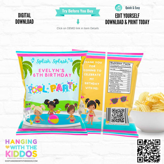 Editable Pool Party Chip Bag - Fun Custom Favors featuring blonde and brunette girls in swimsuits, palm trees, and pool floaties. Perfect for summer birthday party favors.