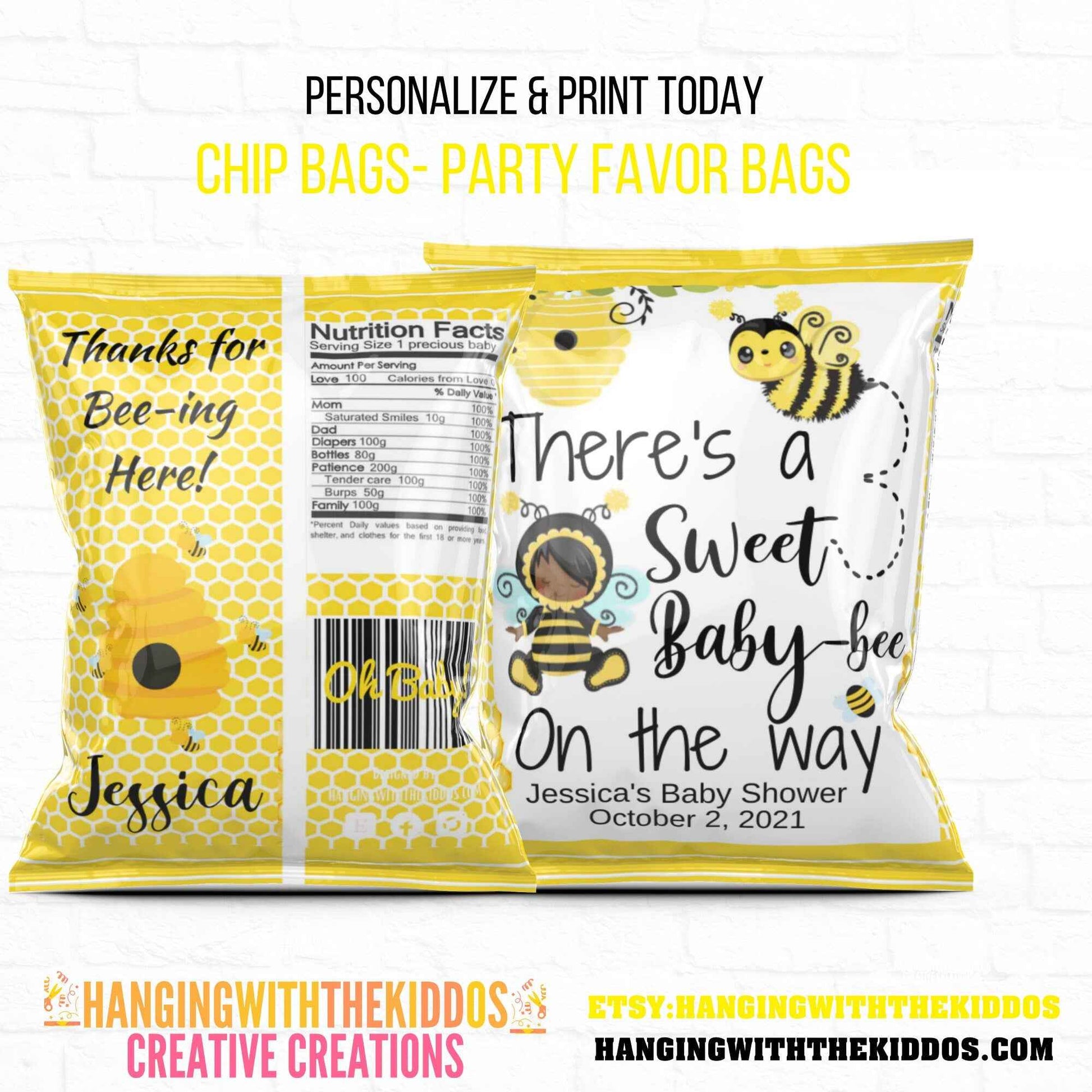 Bee Baby Shower Chip Bags| Cutie Baby Shower| Personalize Baby Shower Guest Gifts Hanging with the Kiddos
