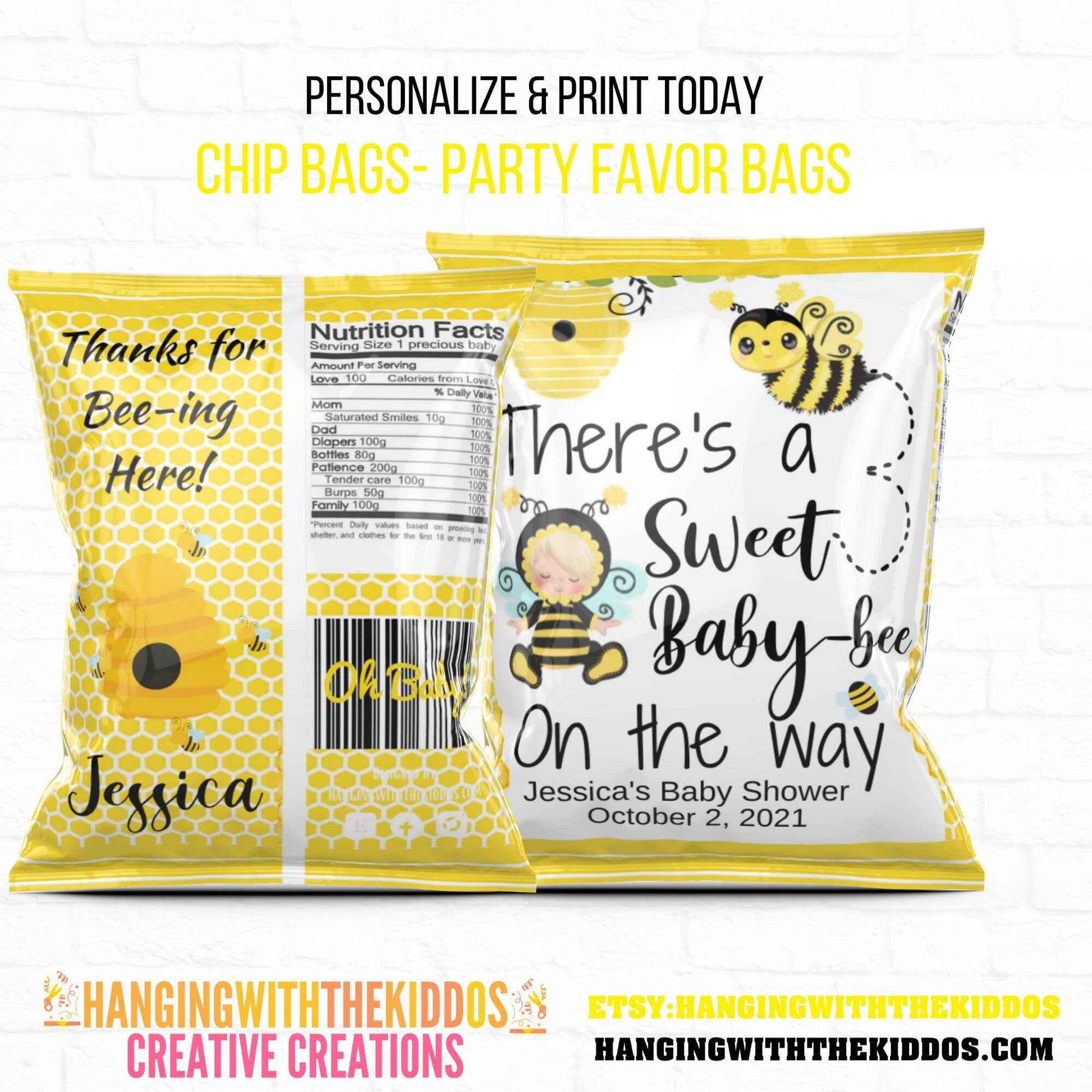 Bee Baby Shower Chip Bags| Cutie Baby Shower| Personalize Baby Shower Guest Gifts Hanging with the Kiddos