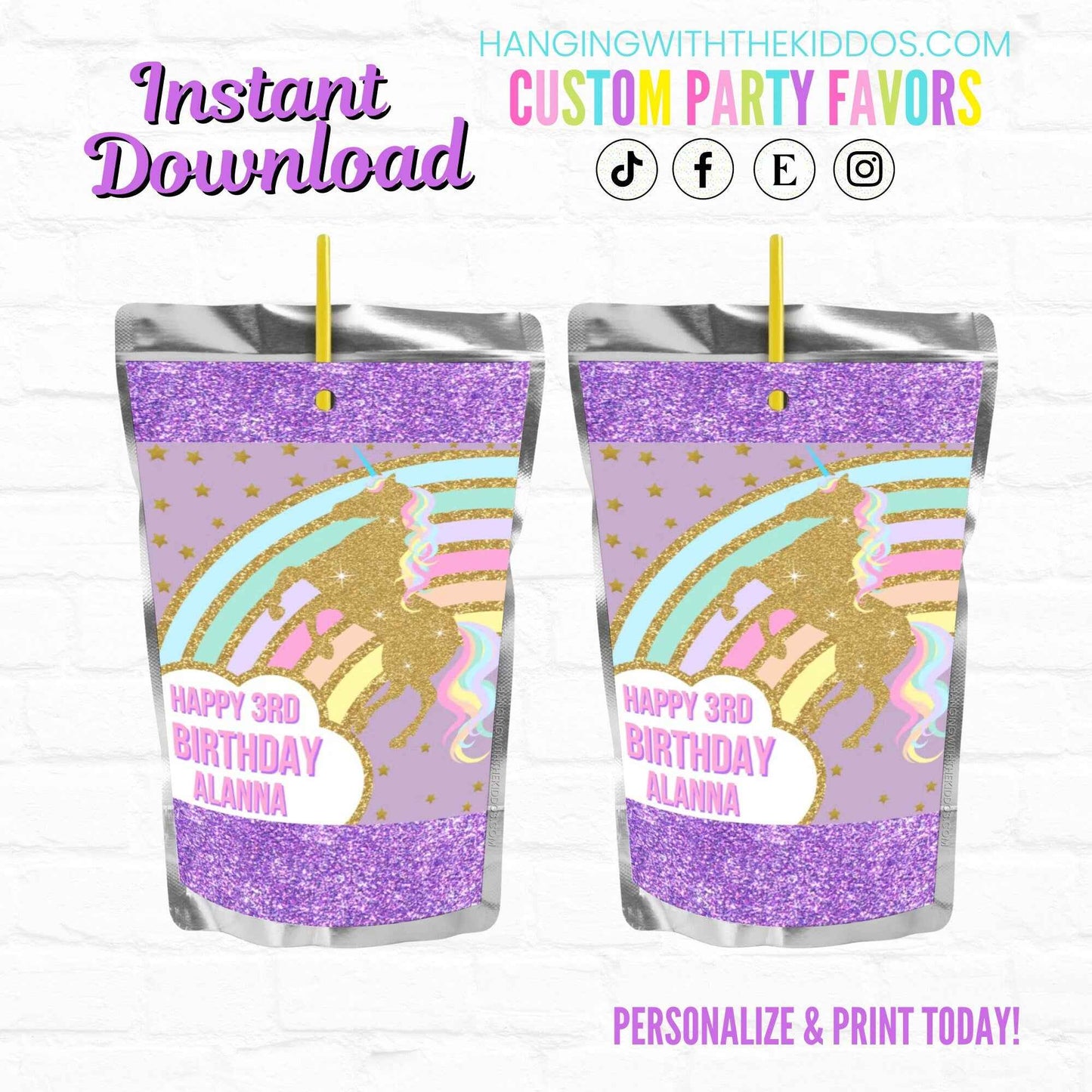 Tween Unicorn Birthday Drink Pouches| Tea Party Favors| 1st Birthday Favors Hanging with the Kiddos