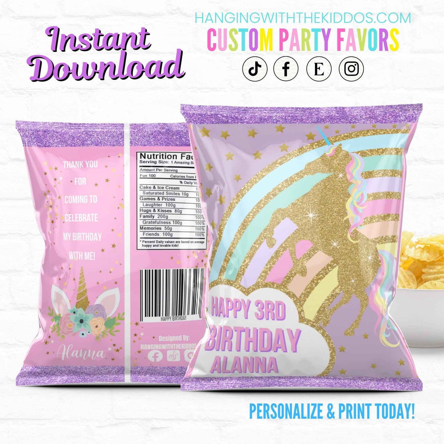 Tween Unicorn Birthday Chip Bags Personalized Tea Party Favors| 1st Birthday Favors Hanging with the Kiddos