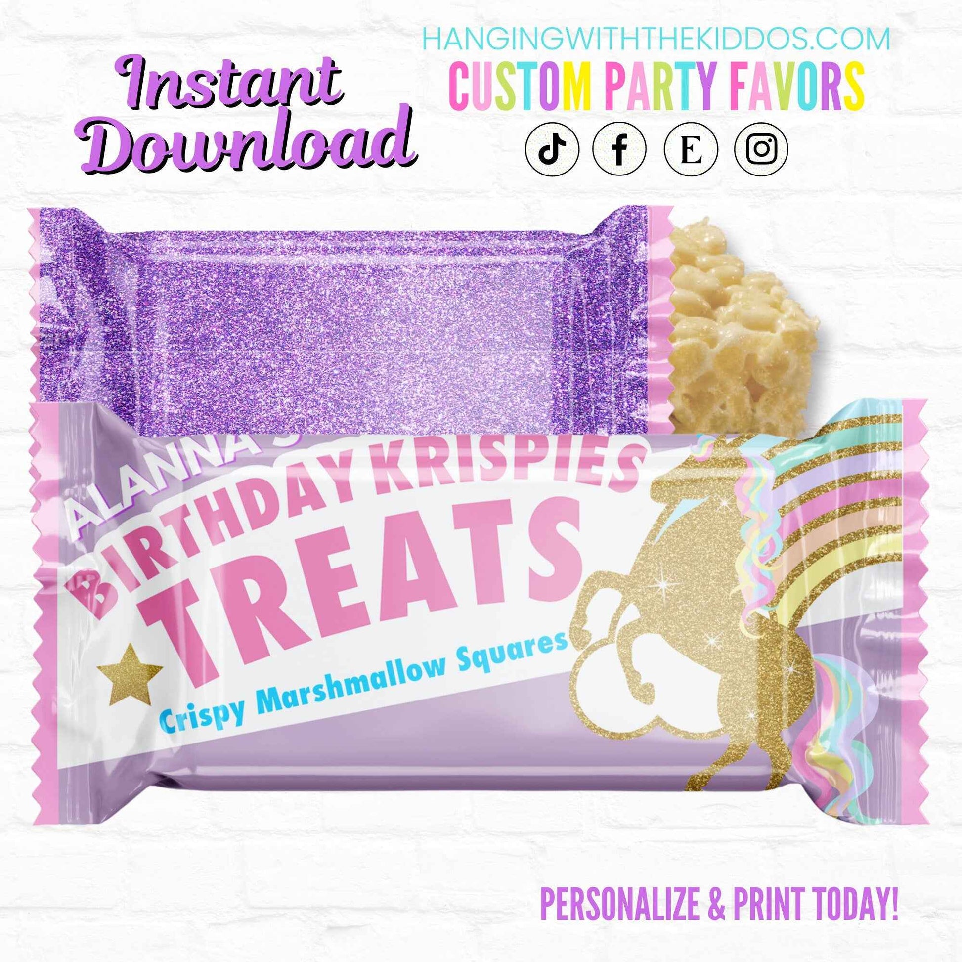 Tween Unicorn Birthday Rice Krispy Treats Wrappers Personalized Tea Party Favors| 1st Birthday Favors Hanging with the Kiddos