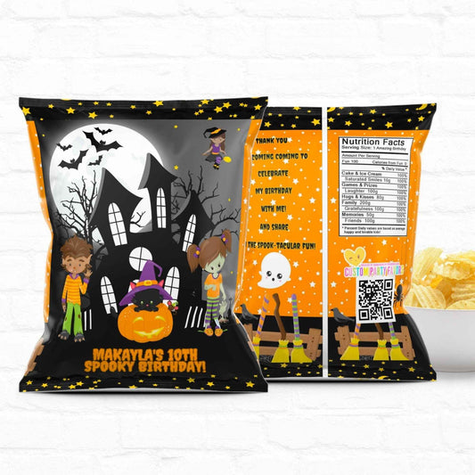 Spooky Halloween Party Chip Bag with haunted house, cartoon kids in costumes, and personalized birthday text for themed party favors.