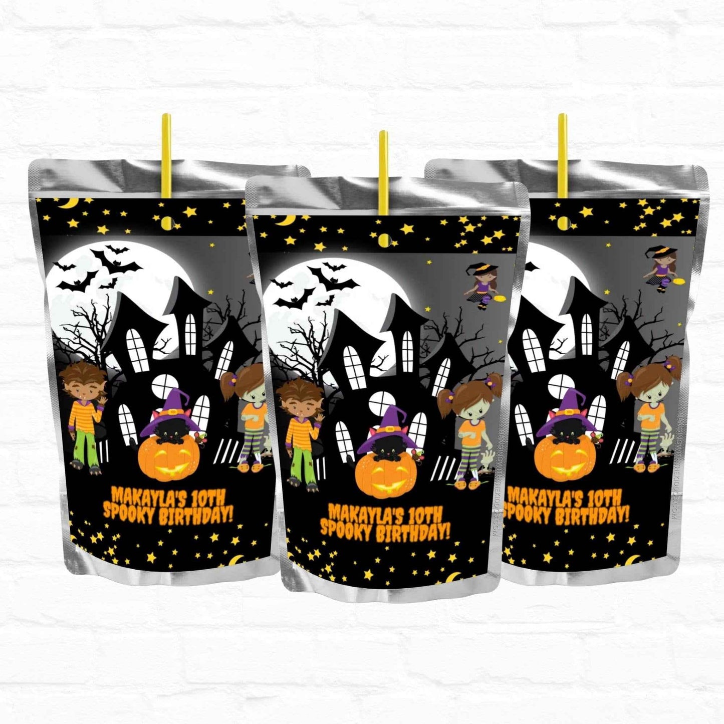 Personalized Halloween juice pouch labels featuring spooky haunted house, full moon, and cartoon kids in costumes. Custom text for birthday parties.