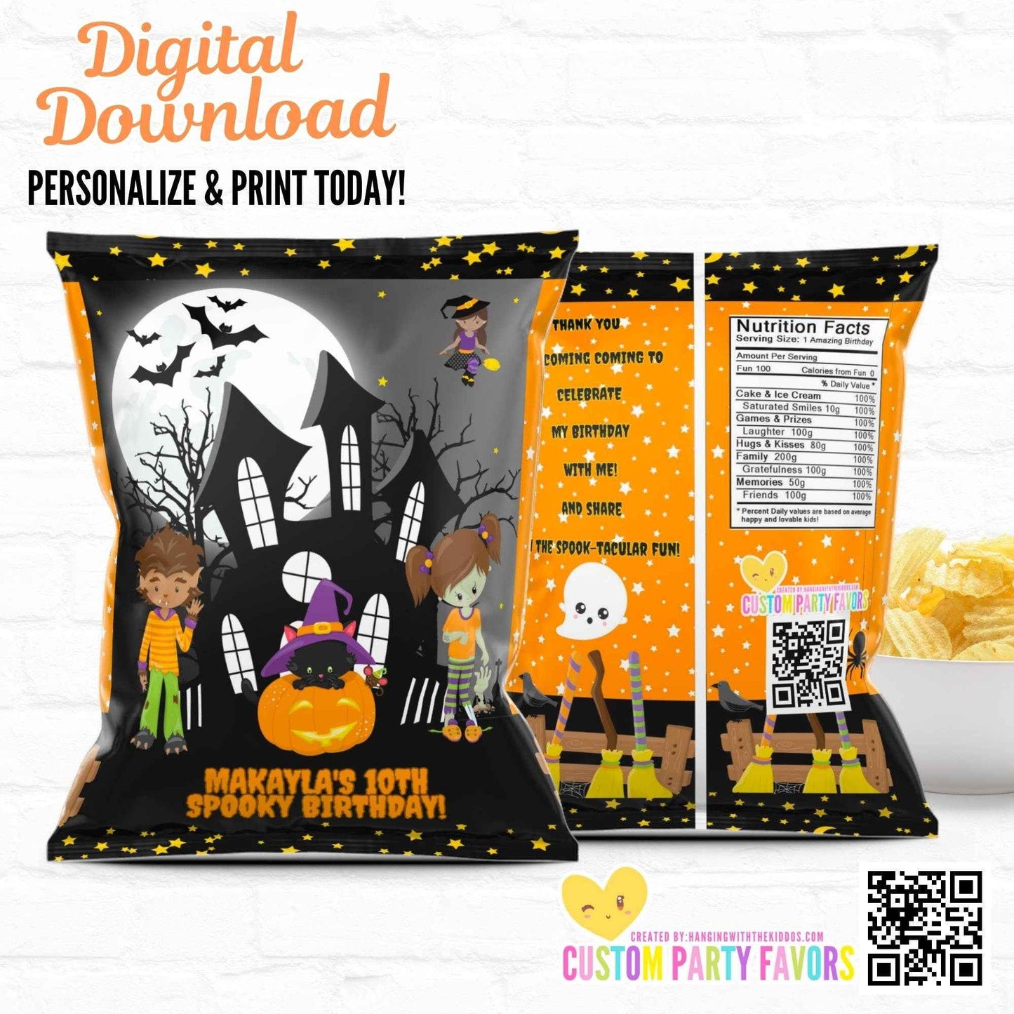 Editable Halloween chip bag design featuring spooky graphics and custom birthday message, ideal for DIY party favor printing.