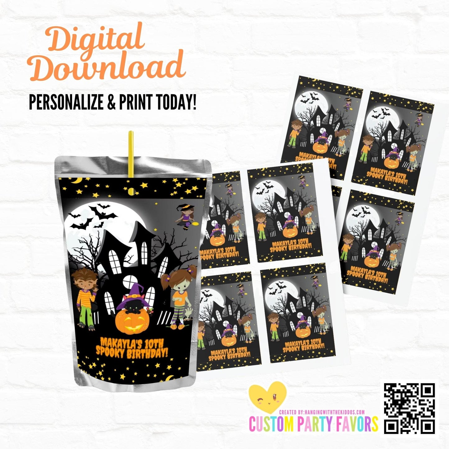 Customizable Halloween juice pouch labels with digital download sheets. Perfect for spooky birthday party favors, ready to personalize and print.