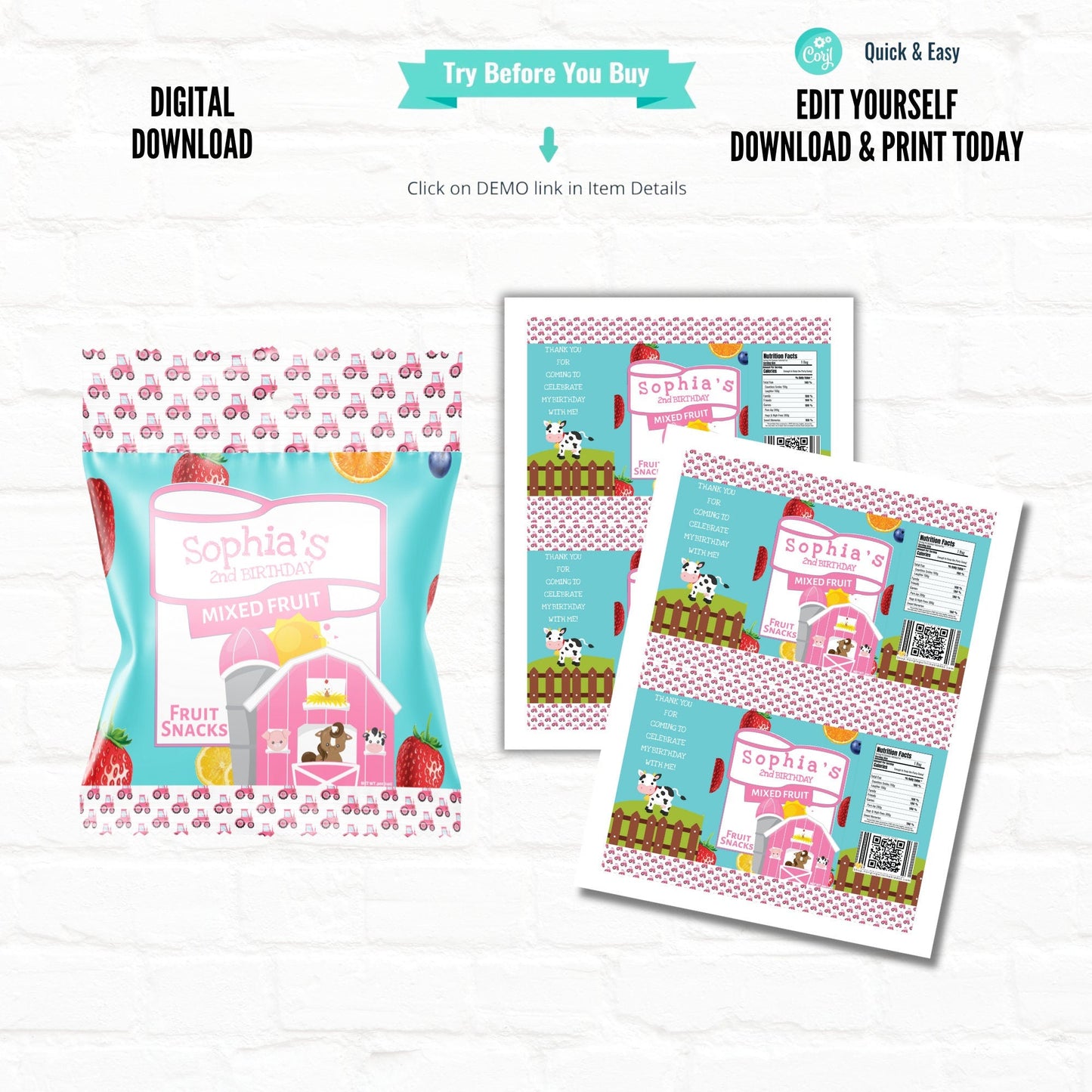 Pink Barnyard Birthday Customizable Fruit Snack Wrappers| Printable File