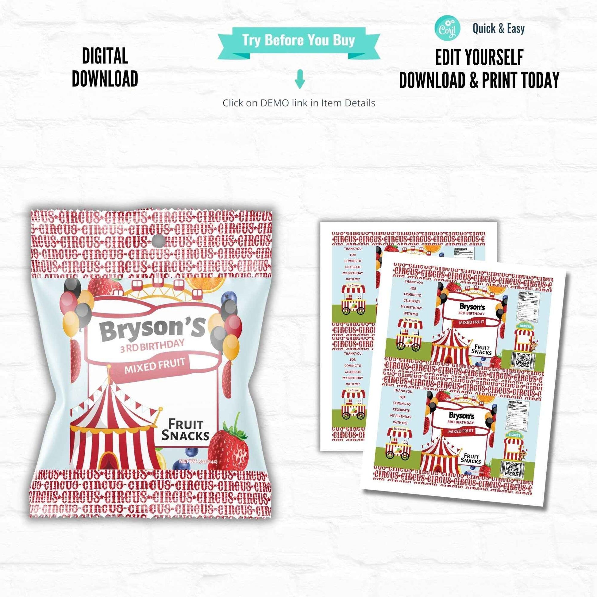 Circus Party Fruit Snack Party Favor | Carnival Birthday |Printable File Hanging with the Kiddos