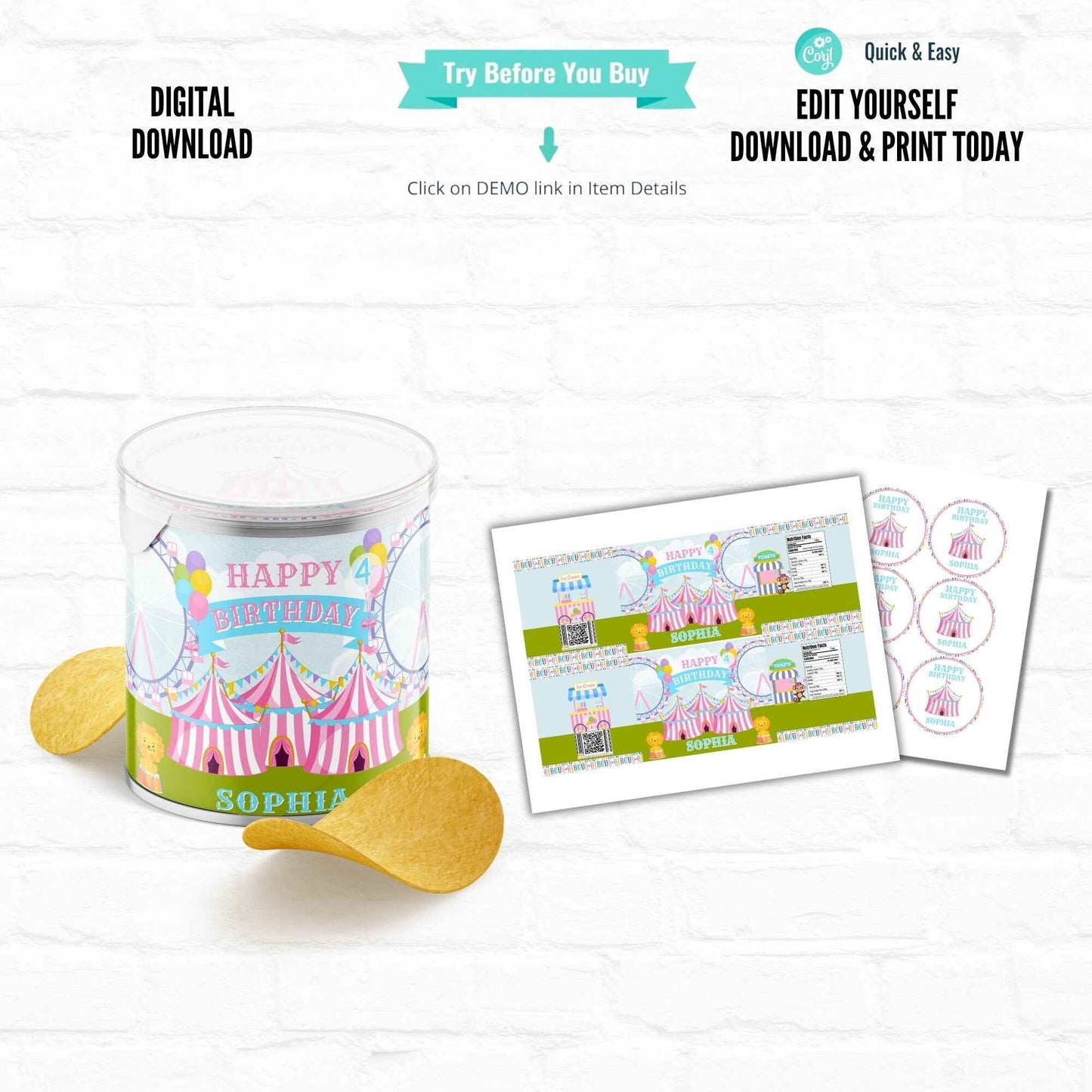 Pink Circus Party Customizable Stacked Chips Can Wrapper| Carnival Birthday Printable File Hanging with the Kiddos