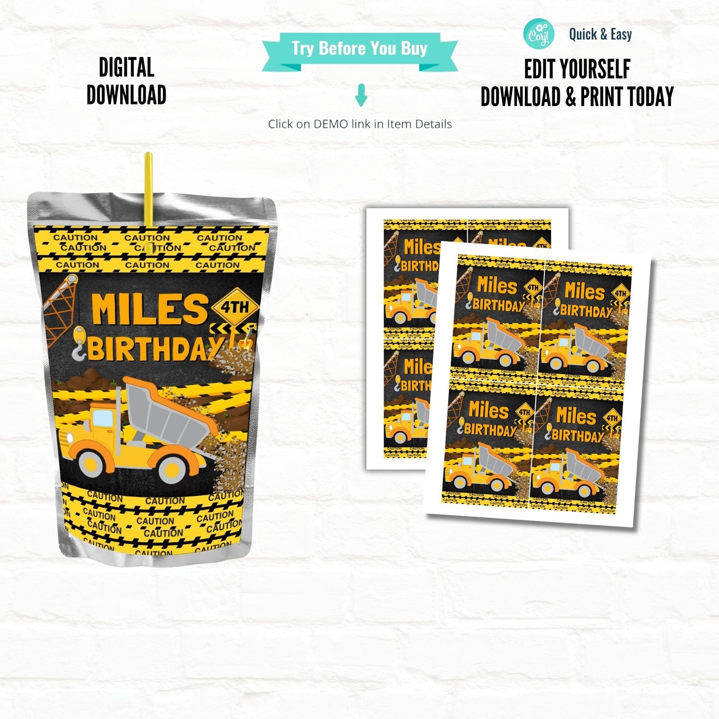Construction Birthday Customizable Juice Pouch Labels|Construction Party Favors Juice Pouches Hanging with the Kiddos