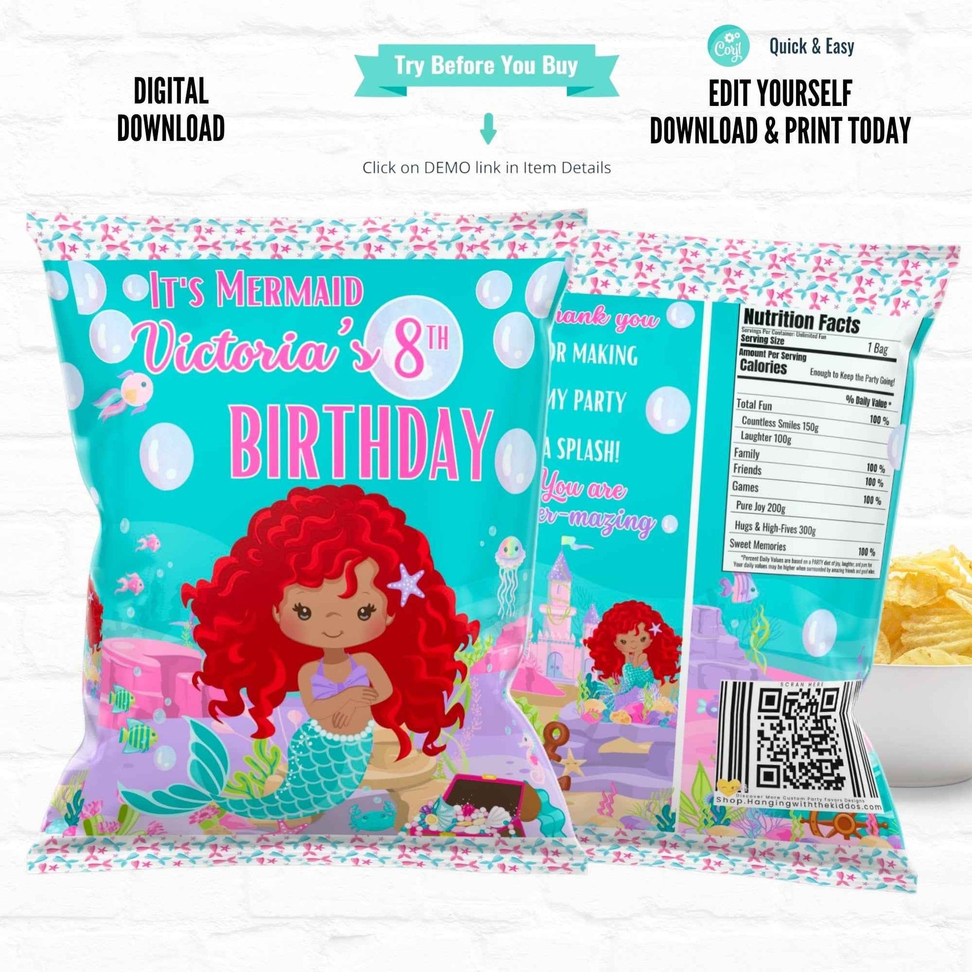Little Mermaid Personalized Party Favors Chip Bags|Printable File 01 Hanging with the Kiddos