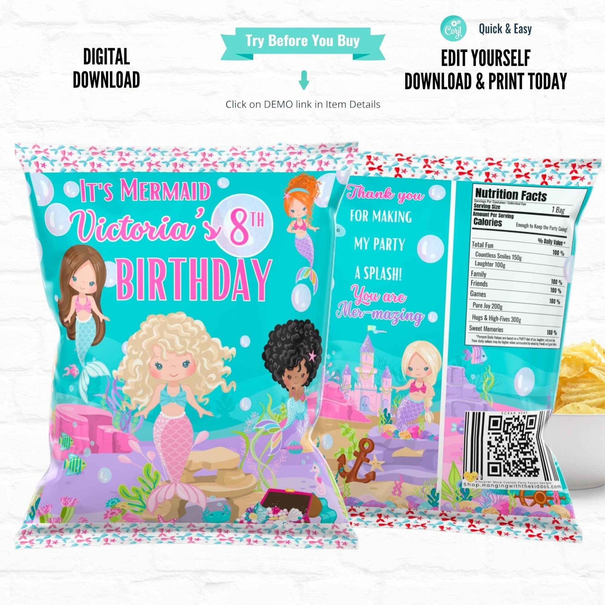 Little Mermaid Personalized Party Favors Chip Bags|Printable File 03 Hanging with the Kiddos