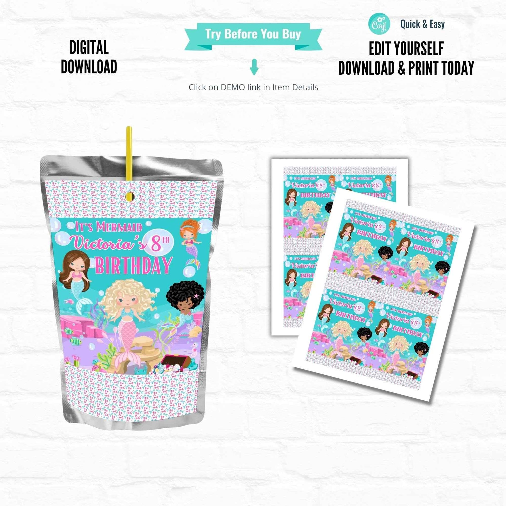 Mermaid Birthday Juice Drink Pouches |Printable File 03 Hanging with the Kiddos