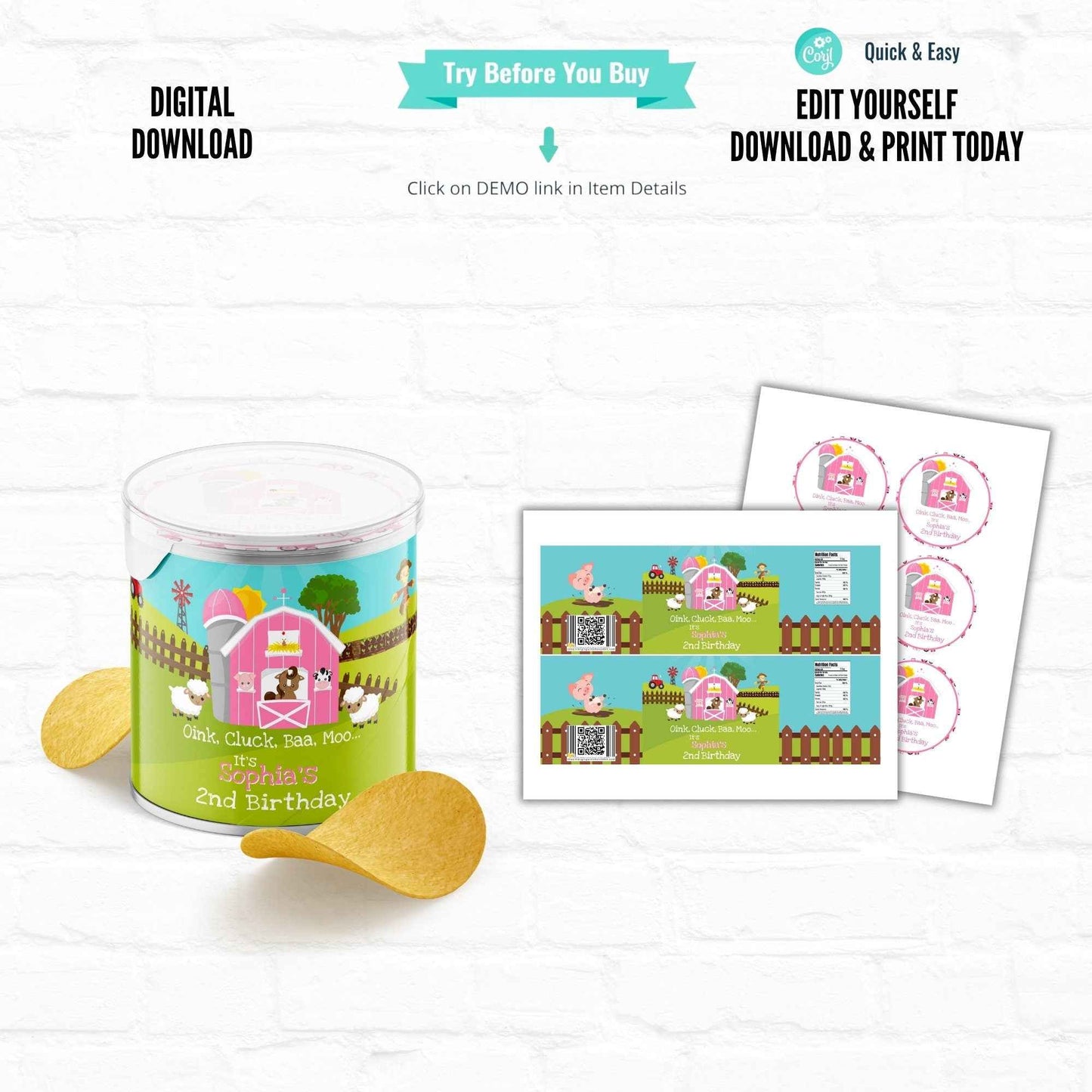 Pink Barnyard Birthday Customizable Stacked Chips Can Wrapper|Printable Label Hanging with the Kiddos