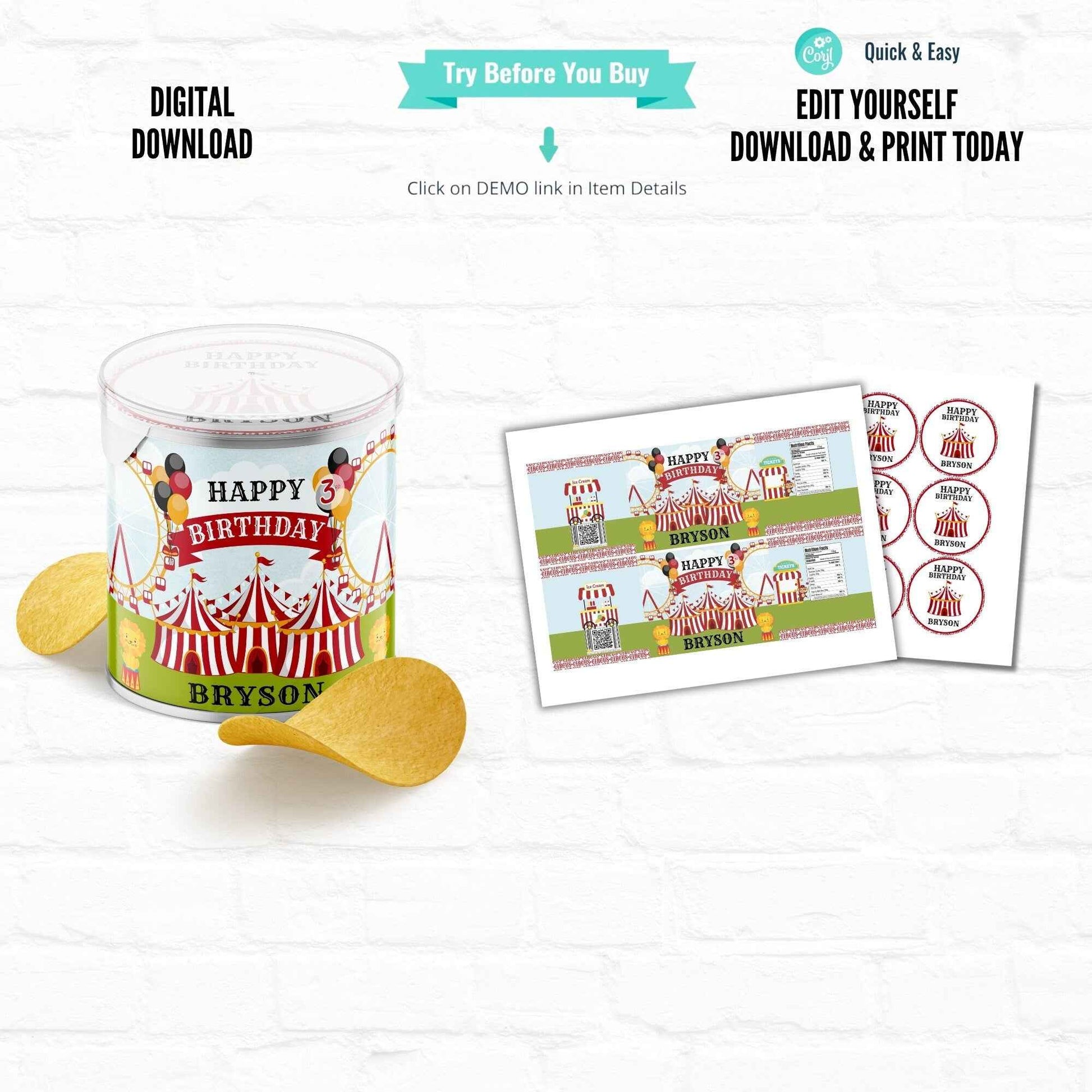Circus Party Carnival Birthday Customizable Stacked Chips Can Wrapper|Printable File Hanging with the Kiddos