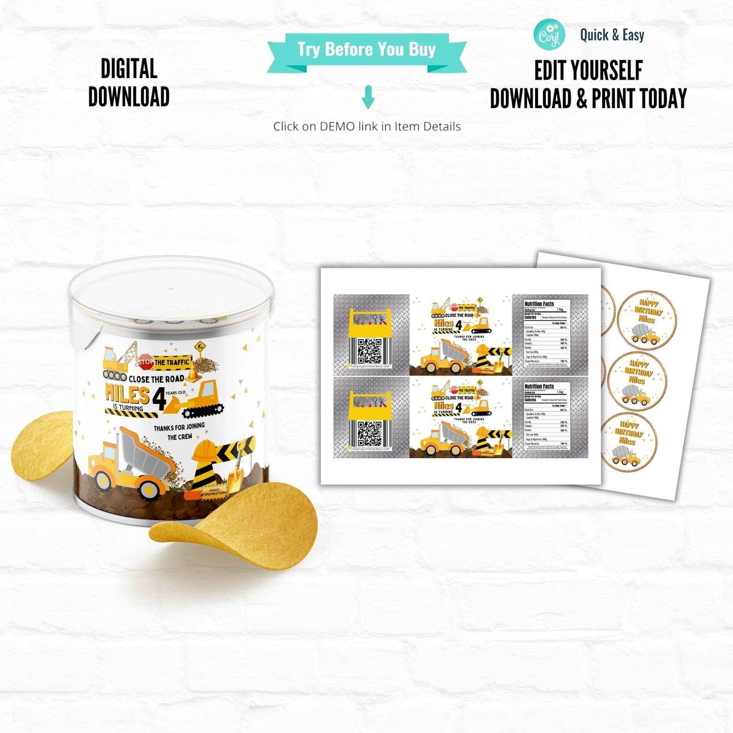 Construction Birthday Customizable Juice Pouch Labels|Construction Party Favors Juice Pouches Hanging with the Kiddos