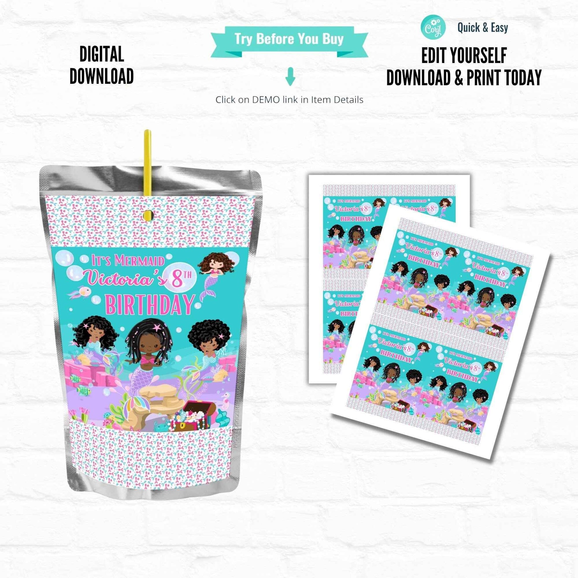 Little Mermaid Birthday Customizable Juice Pouch Labels |Printable File 02 Hanging with the Kiddos