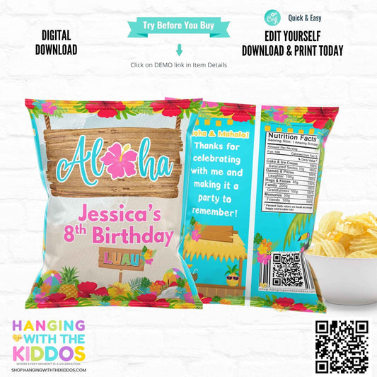 Editable Luau Chip Bag for Aloha Tropical Birthday Party