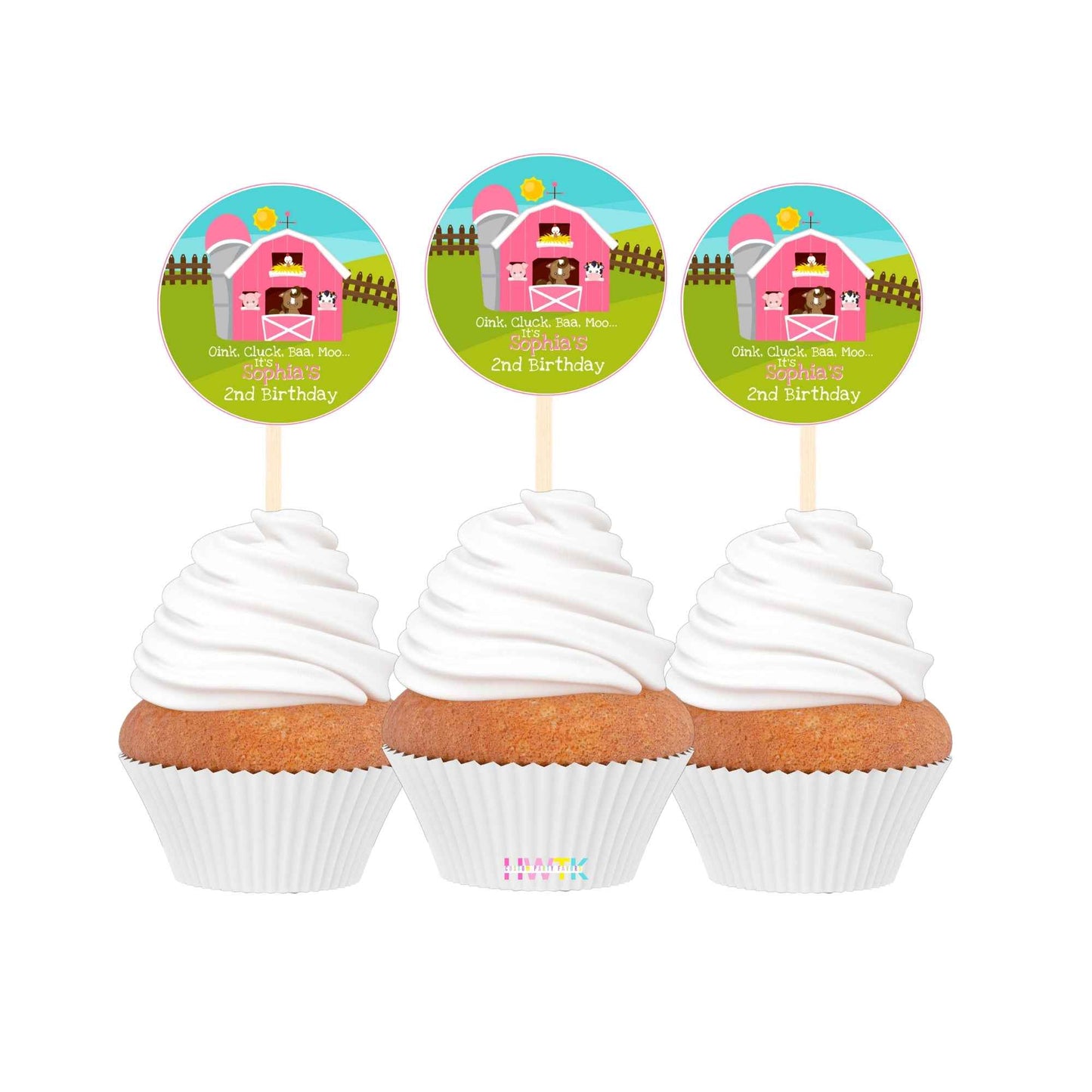Pink Barnyard Farm Birthday Personalized 2” round Cupcake Toppers 12pc Hanging with the Kiddos