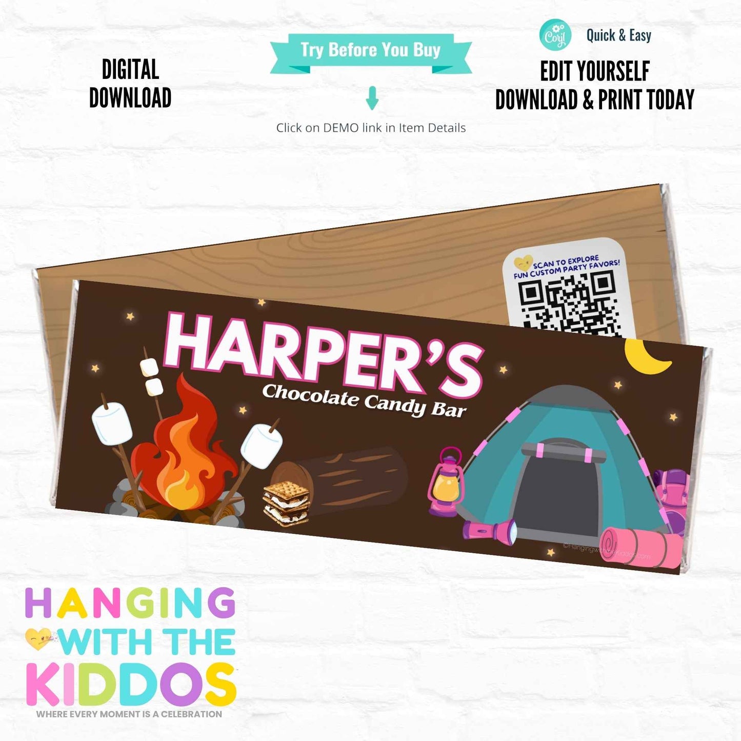 Campfire Pink Candy Bar Wrapper – Editable Birthday Adventure Wrapper Hanging with the Kiddos