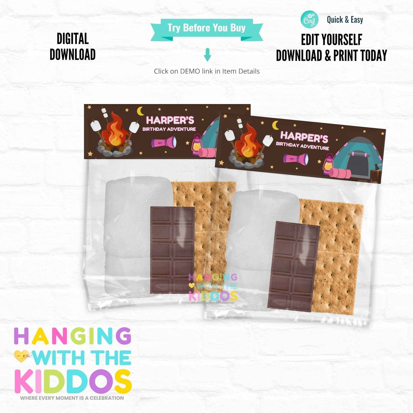 Pink Campfire S'mores Treat Bag Toppers – Birthday Adventure Hanging with the Kiddos