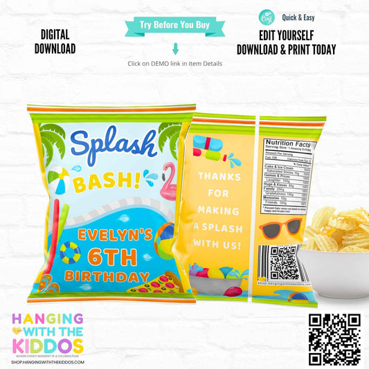 Editable Pool Party Chip Bag - Birthday Favor with colorful Splash Bash design, customizable for 6th birthday. Features tropical graphics and QR code.