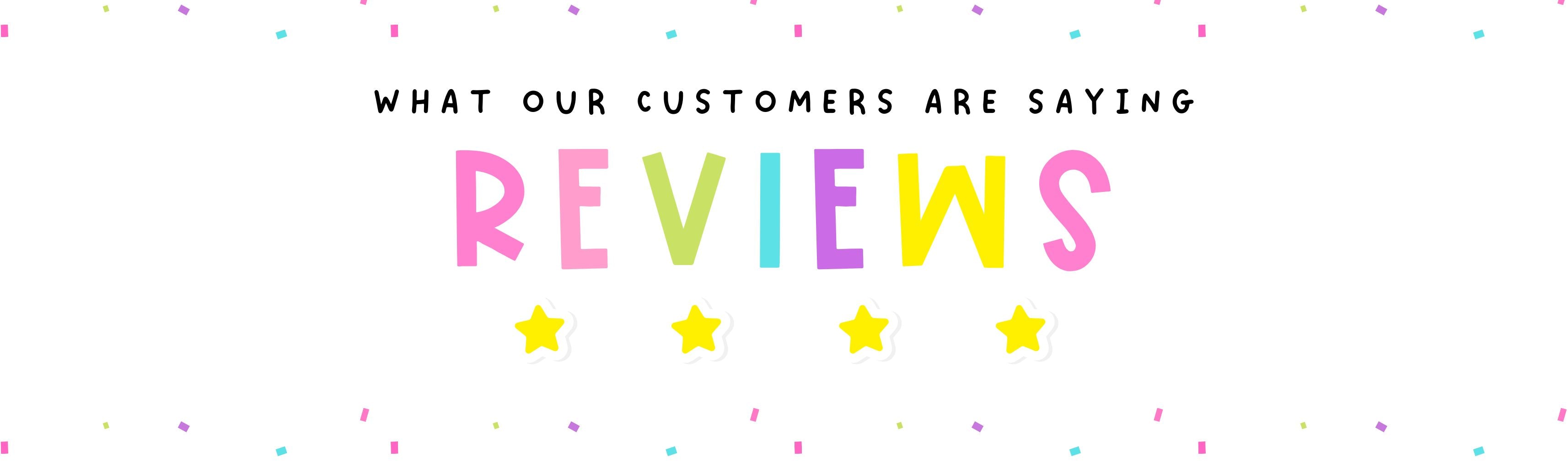 Text 'What our customers are saying REVIEWS' with colorful stars on a white background Printable Party Favor Templates