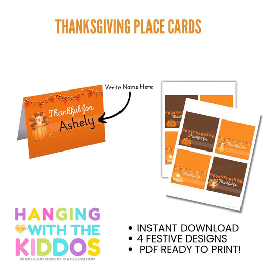 Thanksgiving Place Cards - Printable Name Cards for Holiday Table Hanging with the Kiddos