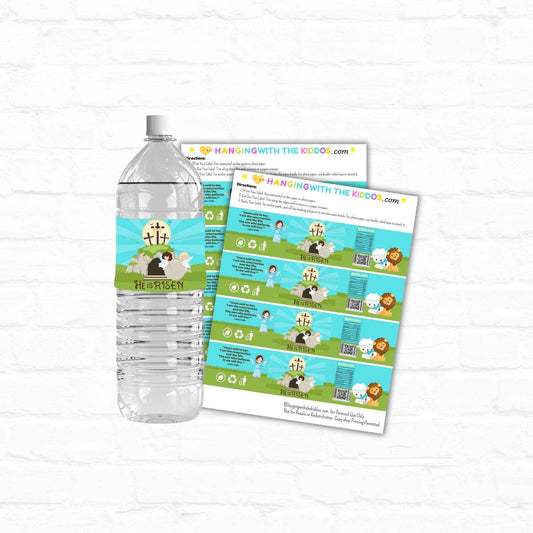 Easter Bottle Labels Printable - He Is Risen design featuring a cross on a hill with cartoon animals, ideal for DIY Easter party favors and church events.