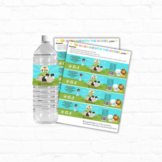 He Is Risen Easter water bottle labels featuring a cross, lamb, and lion on a hill with children, ideal for DIY printable party favors and church events.