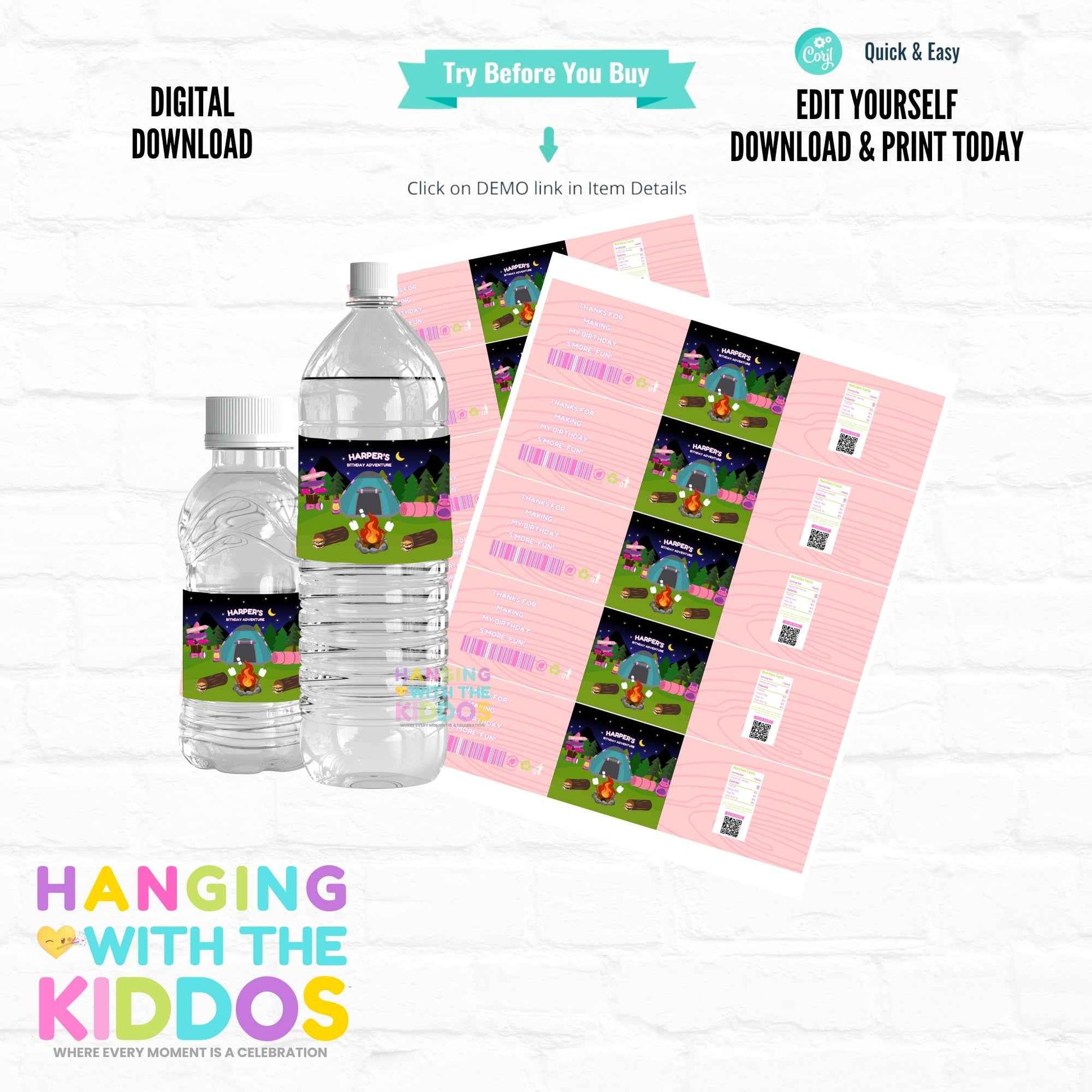 Editable Pink Campfire Water Bottle Labels | Digital Download Hanging with the Kiddos