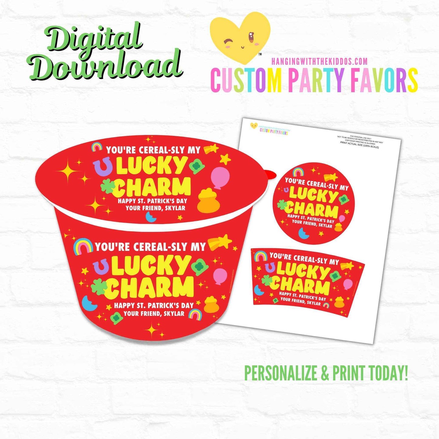 St. Patrick's Day Cereal Cup Label| Personalized Cereal Party favor|Instant Download Hanging with the Kiddos