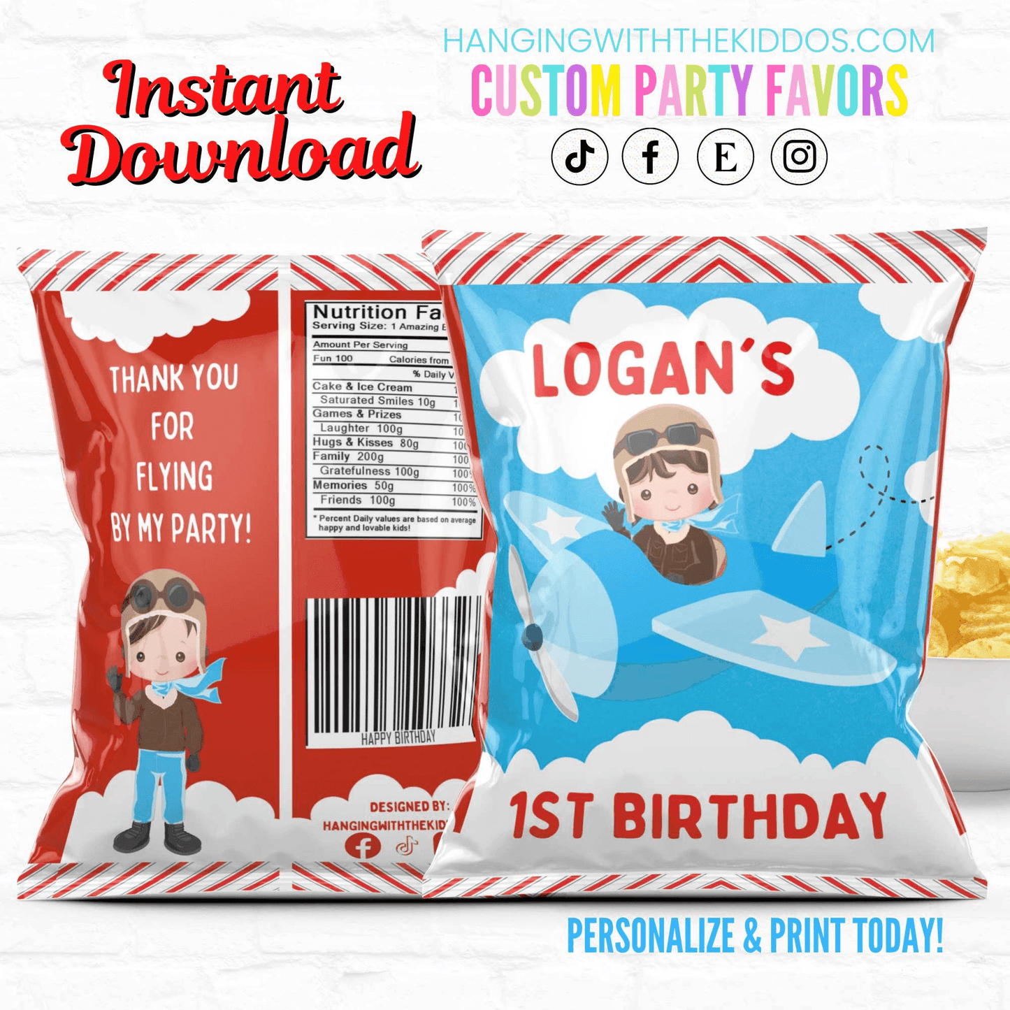 Airplane Birthday Party Personalized Chip Bags Boy Polite|Instant Download 02