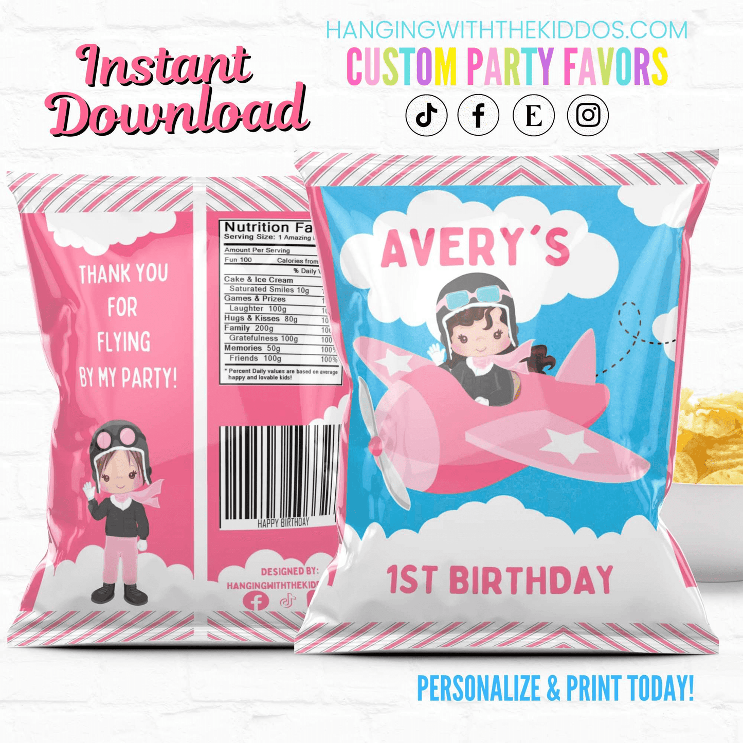 Airplane Birthday Party Personalized Chip Bags Girl Polite|Instant Download 02