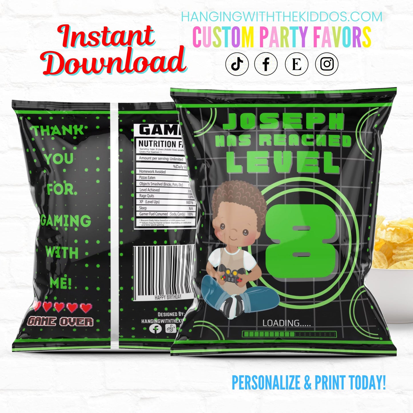 Video Game Level Up Party Favor Personalized Chip Bags| Instant Download-02
