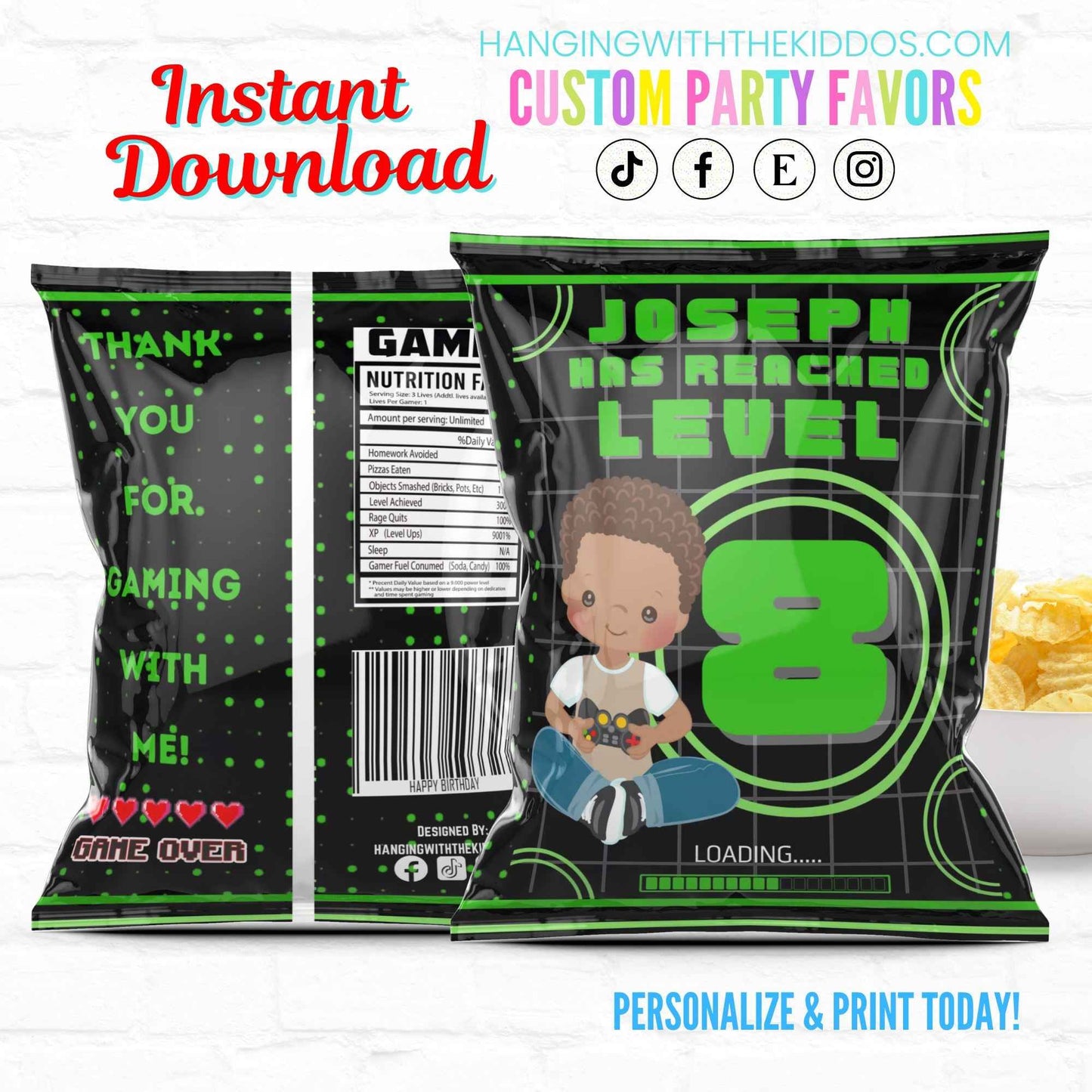 Video Game Level Up Party Favor Personalized Chip Bags| Instant Download-02