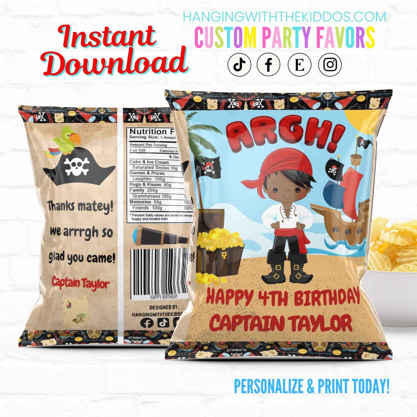 Pirate Birthday Party Favors Personalized Chip Bags Instant Download